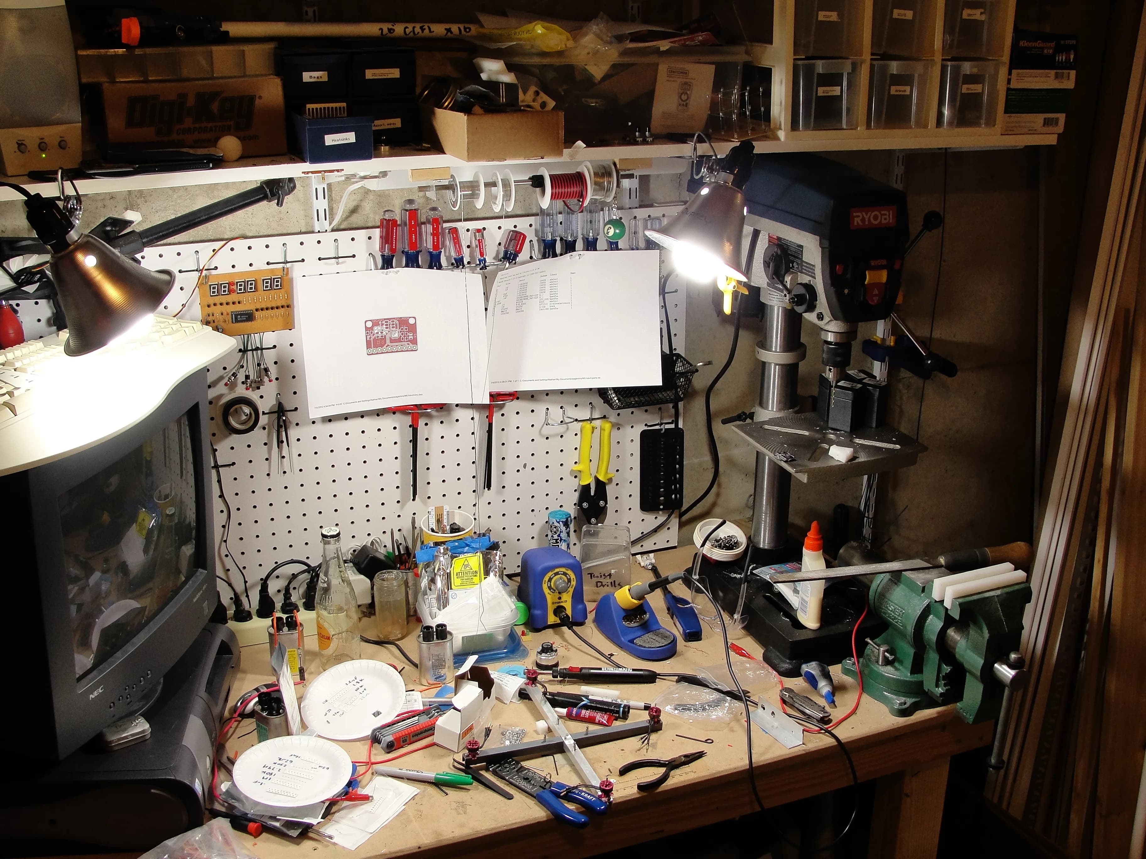 A cluttered workshop filled with tools and materials